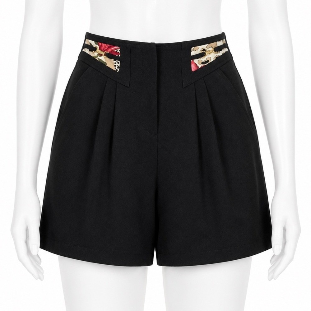 Cache Shorts Size Medium Black Vintage 90s High Waist Pleated Floral Gold Buckle